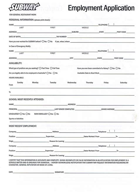 Tips for using an application for employment template: Printable Employment Application For Subway in 2020 ...