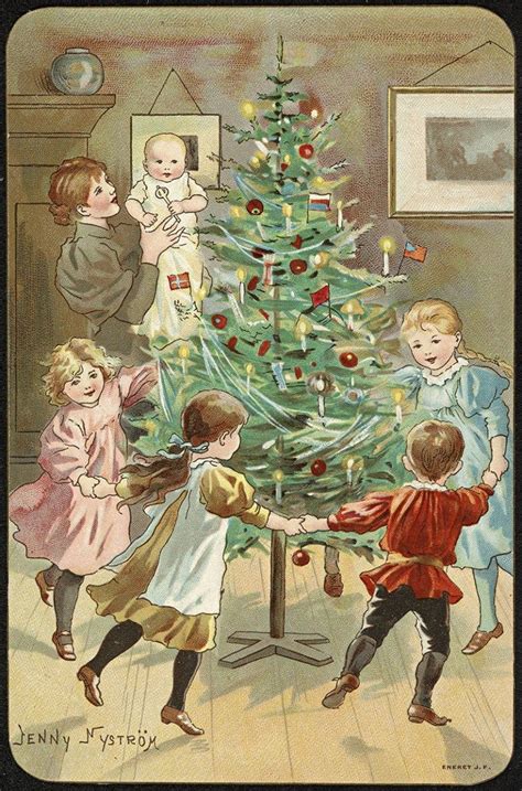 Dancing Around The Christmas Tree Vintage Christmas Card Norwegian