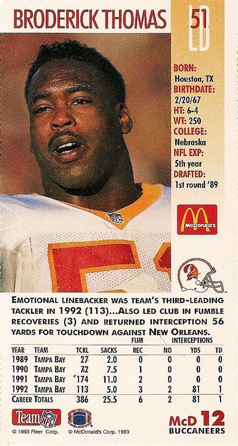 1993 Gameday Mcdonalds Tampa Bay Buccaneers 12 Broderick Thomas