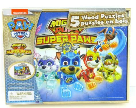Paw Patrol Mighty Pups Super Paws 5 Wood Puzzles In Storage Box 2299