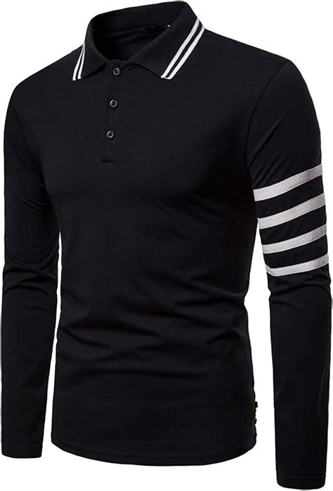Mens Long Sleeve Polo Shirt Striped Button Slim Fit T Shirt Solid Color Casual Shirts Tops