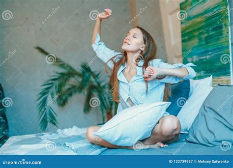 Beatiful Brunette Woman Stretching In Bed After Wake Up Stock Image Image Of Hand Fashion