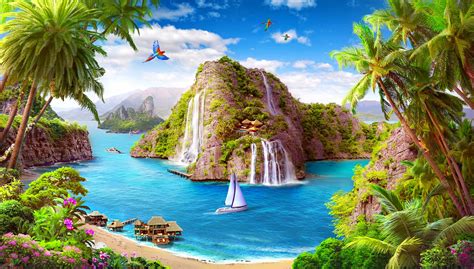 Download Palm Tree Bird Tropical Tree Ocean Beach Artistic Fantasy Hd