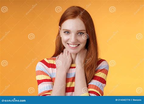 pleased happy tender feminine redhead gorgeous girl blushing flirty giggle gazing camera smiling