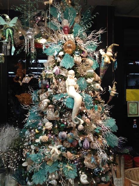 Coastal seaside fishing bear hanging figurine ornament. Christmas Tree decorated with Sea ornaments & a mermaid ...