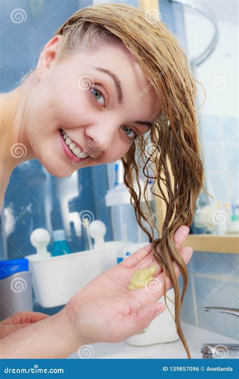 Woman Having Wet Blonde Hair Stock Photo Image Of Bathroom Head