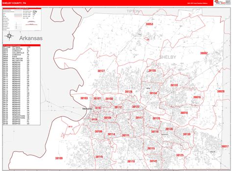 Shelby County Tn Zip Code Wall Map Red Line Style By Marketmaps Mapsales