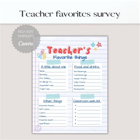 Editable Teacher Favorites Survey Meet The Teacher Questionnaire