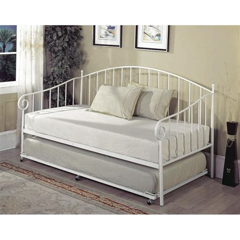 Emele Twin Size White Metal Day Bed Frame With Pop Up High Riser Trundle Headboard Footboard