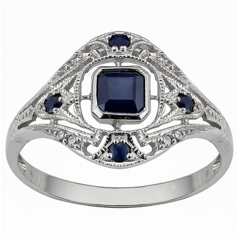 10k White Gold Vintage Style Genuine Sapphire And Diamond Ring Ebay