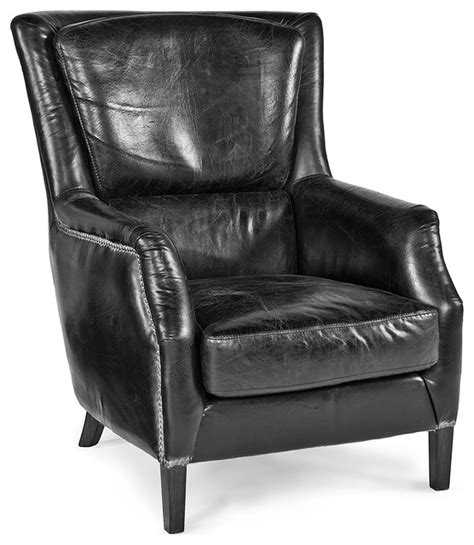 A sleek, urban designed dining chair featuring bold vertical stitching on the seat and back in masculine vintage black, cognac and blue faux leather. Alfred Rustic Lodge Vintage Black Leather Armchair ...