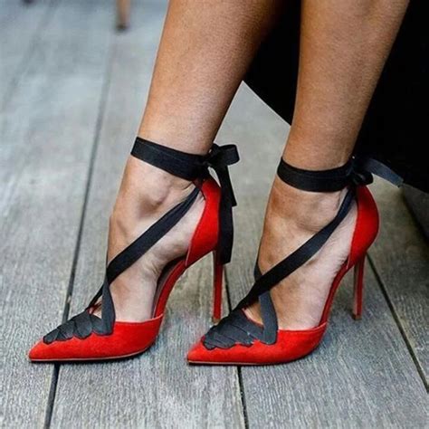 Sexy Bright Red Ribbons Tied Pointed Toe Pumps Ankle Strappy Bandage