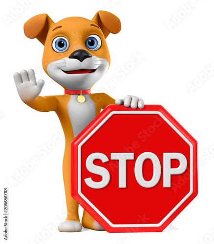3d Rendering Funny Dog With A Stop Sign On A White Background Stock