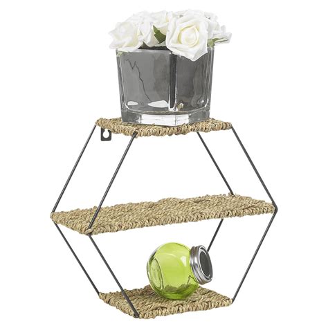 Decorative Metal Wire And Seagrass Floating Wall Shelf Storage Rack