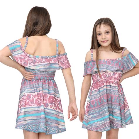 Girls Skater Dress Kids Floral Print Summer Party Off Shoulder Dresses