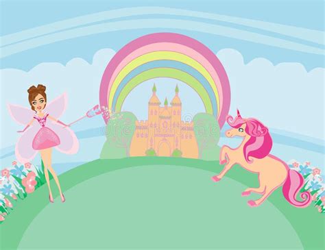 Unicorn And Fairy Lovely Fairy Tale Card Stock Vector Illustration