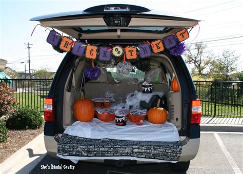 At trunk or treat events, children wear their halloween costume and walk through a parking lot to visit trunks that are decorated to receive candy. Halloween Week {Day 1} - Shes {kinda} Crafty