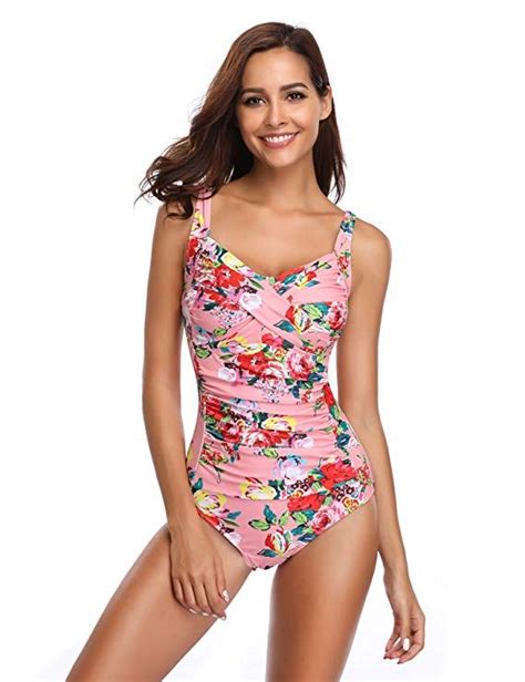 Lalavava Women Vintage One Piece Swimsuit Monokini Ruched Tummy Control Bathing Suit Pink