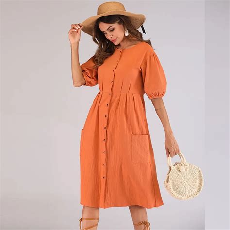 Orange Summer Dresses For Women With Short Sleeve O Neck Solid Casual Hem Loose Party Beach