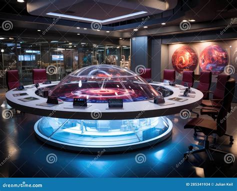 Futuristic Boardroom With Round Table Screens Stock Illustration
