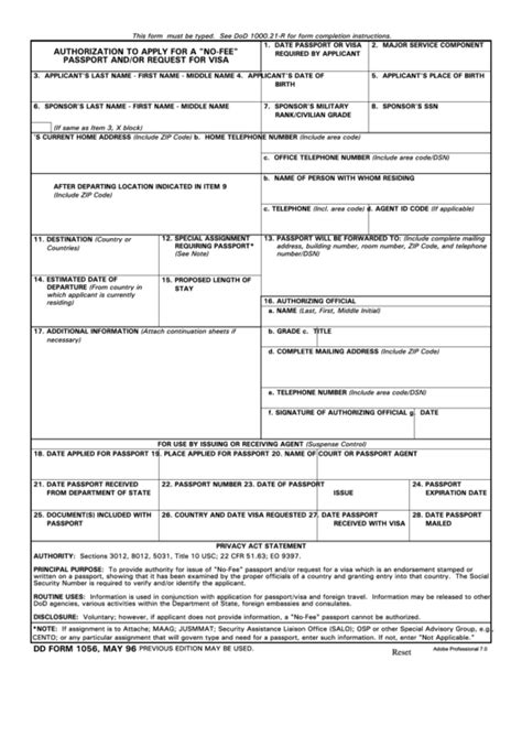 Dd Form 1056 Authorization To Apply For A No Fee Passport Andor
