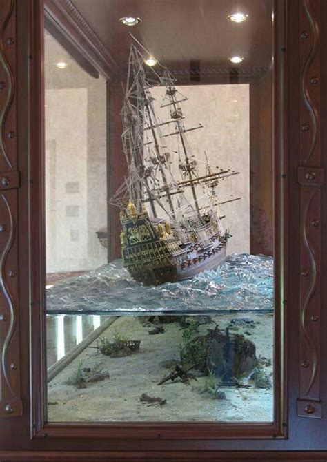 Display Casemodel Of A Tall Ship At Sea Above Sunken Ships Model