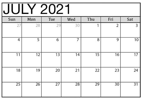 July 2021 Calendar Printable Free Monthly Template 12 Month Printable
