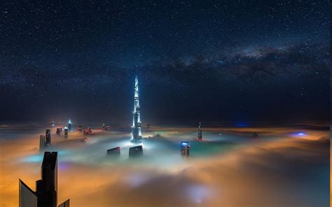 Cityscape Long Exposure Milky Way Mist Skyscraper Dubai Starry