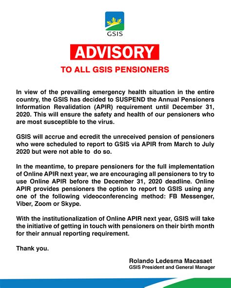 Advisory To All Gsis Pensioners Government Service Insurance System