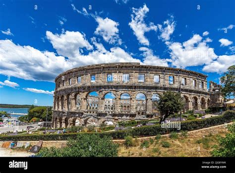 Tourists Seen Visiting The Pula Arena Roman Amphitheatre Located In