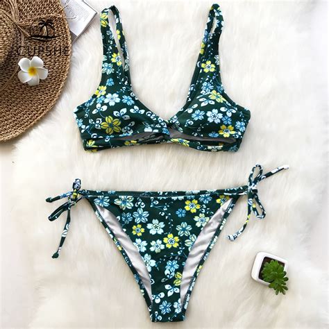 Cupshe Green Flora Print Bikini Set Women Cross Tied Thong Bikini Swimwear 2018 Girl Beach