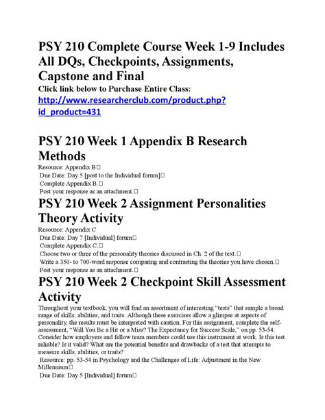 Psy 210 Complete Course Week 1 9 Includes All Dqs Checkpoints