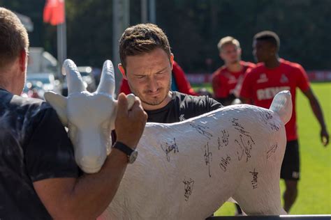 Fc köln hat die bundesliga einen tollen fußballverein wieder. Florian Junge signiert eine Hennes VIII Figur mit ...