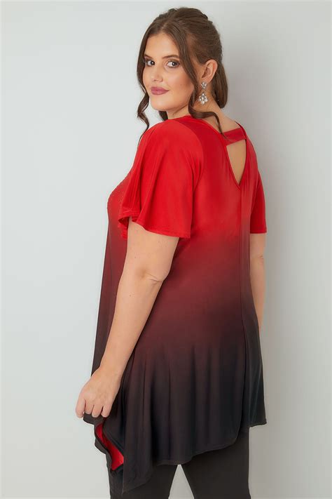 Red Ombre Longline Top With Stud Details And Hanky Hem Plus Size 16 To 36
