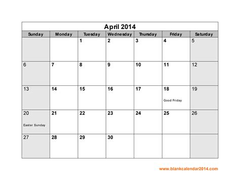 Calendar 2014 Printable With Holidays For The Month Of April April