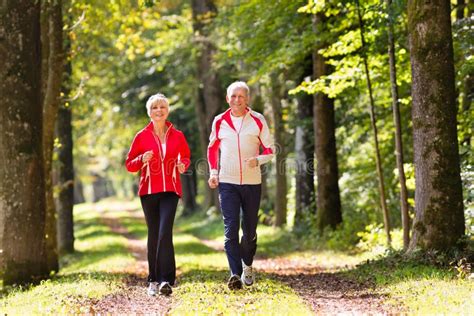 Seniors Jogging On A Forest Road Stock Image Image Of Senior Fitness