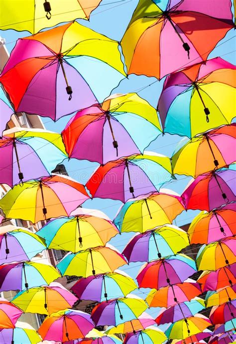 Colorful Umbrellas Background In Blue Clear Sky Stock Photo Image Of