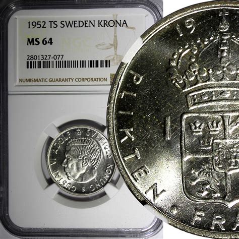 sweden gustaf vi silver 1952 ts krona ngc ms64 better date km 826 077 ma shops