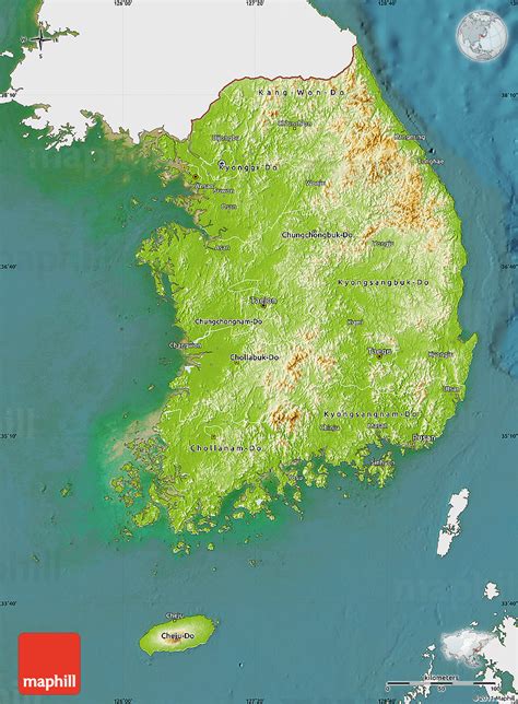 Physical Map Of South Korea Single Color Outside Satellite Sea