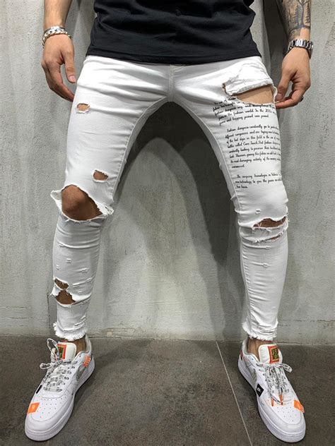 White Ripped Jeans Black Type Print