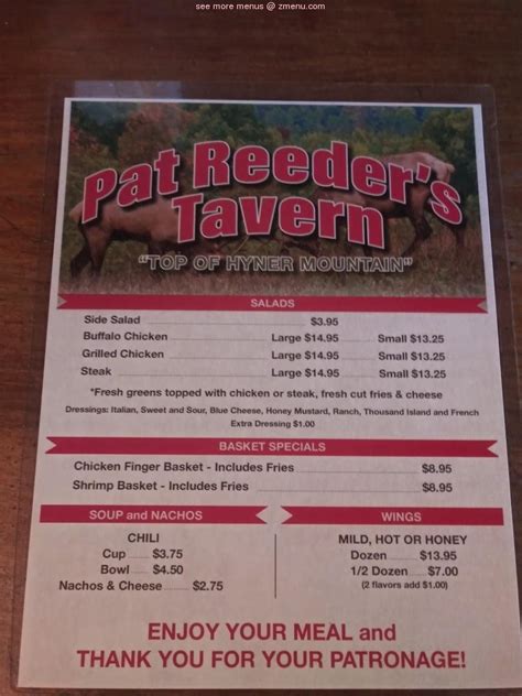 Online Menu Of Pat Reeders Tavern Restaurant Lock Haven Pennsylvania