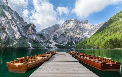 Обои горы озеро пристань лодки Италия Italy Доломитовые Альпы