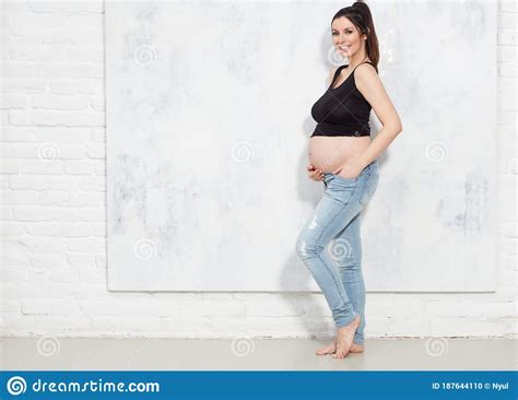 Happy Pregnant Woman With Naked Belly Stock Photo Image Of Camera