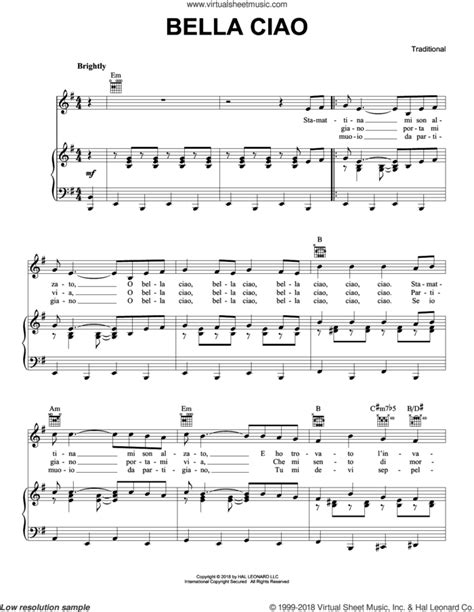bella ciao sheet music for voice piano or guitar pdf