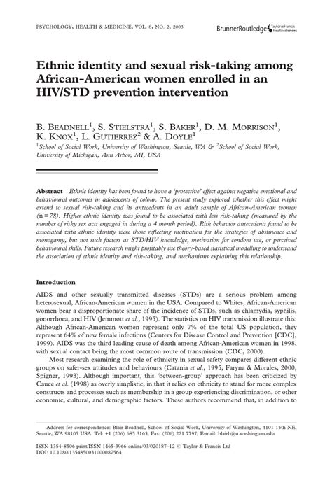 Pdf Ethnic Identity And Sexual Risk Taking Among African American Women Enrolled In An Hivstd