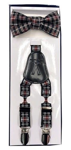 Boys Black And White And Red Checkered Suspender And Bow Tie Set