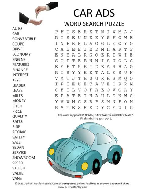 Car Ads Word Search Puzzle Puzzles To Play