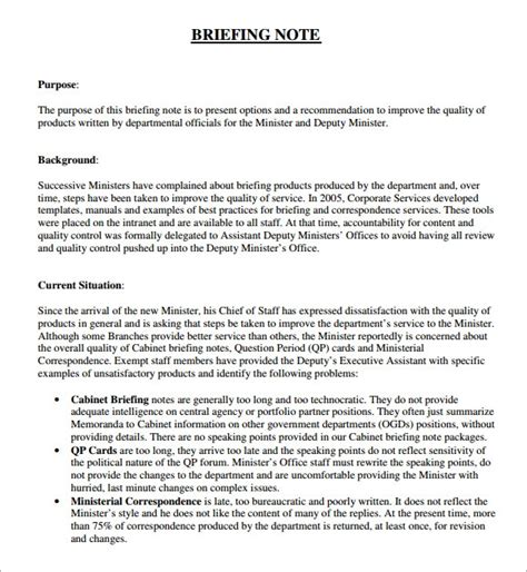 A briefing paper is a short document that outlines a particular issue, provides background and context and lists the suggested next steps. FREE 5+ Briefing Note Samples in PDF | MS Word