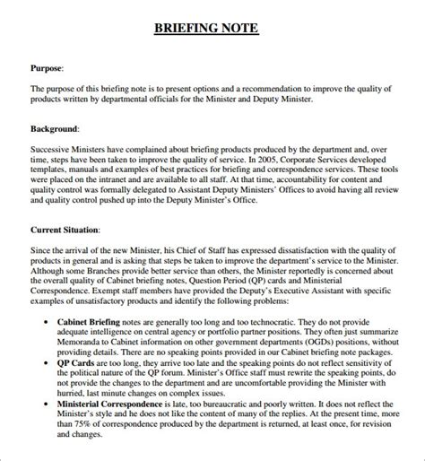 It is a clear and concise document that summarizes an issue and identifies key pieces of information like a situation that needs to be addressed and the financial implications. FREE 5+ Briefing Note Samples in PDF | MS Word