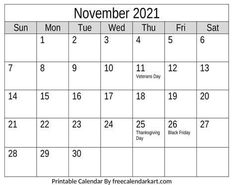 November 2021 Calendar Free Downloadable Free Calendar Kart